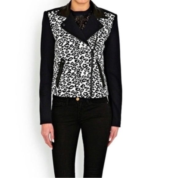 Rebecca Taylor Jacquard Black Leopard & Leather Trim Moto Jacket Size 2 NWT - Picture 2 of 15